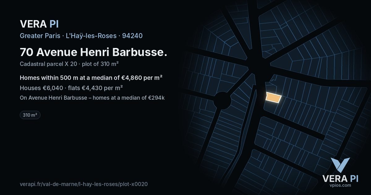 70 Avenue Henri Barbusse, L'Haÿ-les-Roses at night – the plot lit, the parcels around coloured by the prices near them