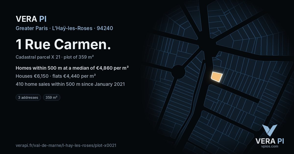 1 Rue Carmen, L'Haÿ-les-Roses at night – the plot lit, the parcels around coloured by the prices near them