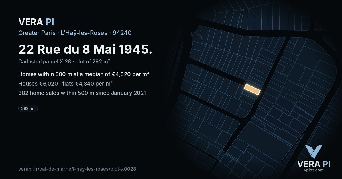 22 Rue du 8 Mai 1945, L'Haÿ-les-Roses at night – the plot lit, the parcels around coloured by the prices near them
