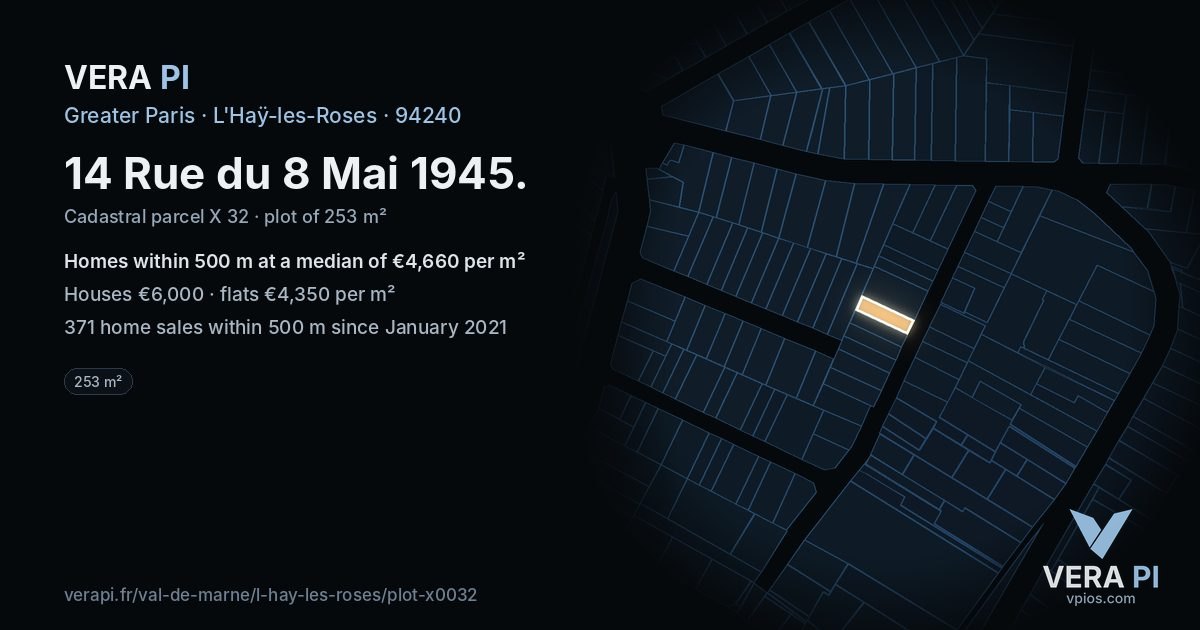 14 Rue du 8 Mai 1945, L'Haÿ-les-Roses at night – the plot lit, the parcels around coloured by the prices near them