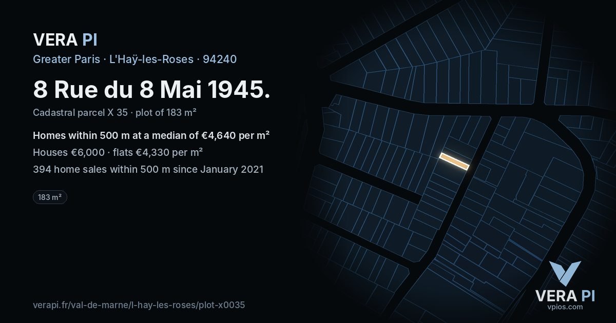 8 Rue du 8 Mai 1945, L'Haÿ-les-Roses at night – the plot lit, the parcels around coloured by the prices near them