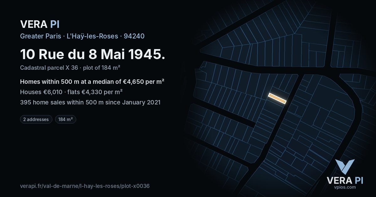 10 Rue du 8 Mai 1945, L'Haÿ-les-Roses at night – the plot lit, the parcels around coloured by the prices near them