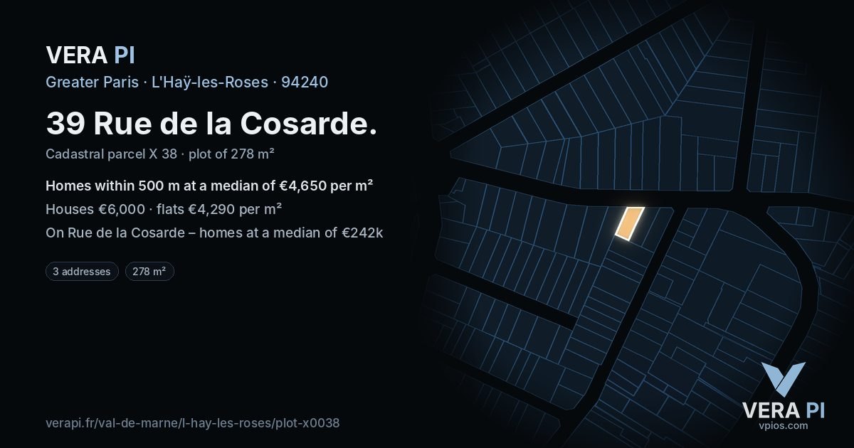 39 Rue de la Cosarde, L'Haÿ-les-Roses at night – the plot lit, the parcels around coloured by the prices near them