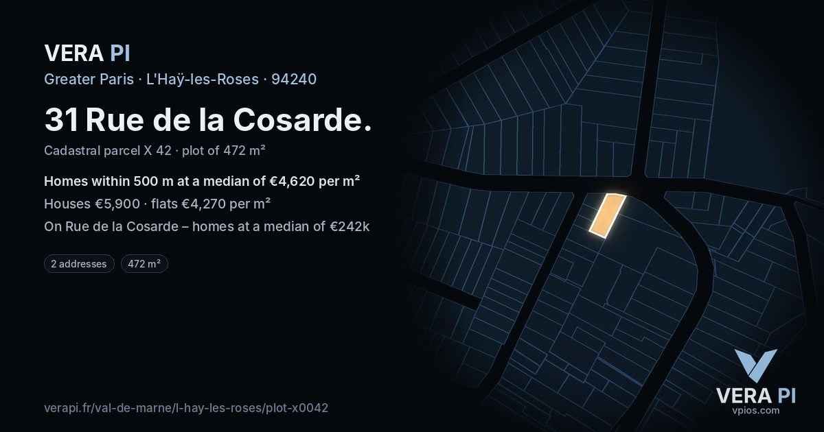 31 Rue de la Cosarde, L'Haÿ-les-Roses at night – the plot lit, the parcels around coloured by the prices near them