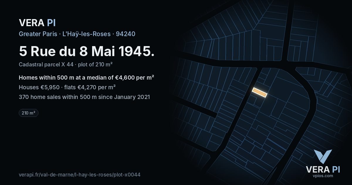 5 Rue du 8 Mai 1945, L'Haÿ-les-Roses at night – the plot lit, the parcels around coloured by the prices near them