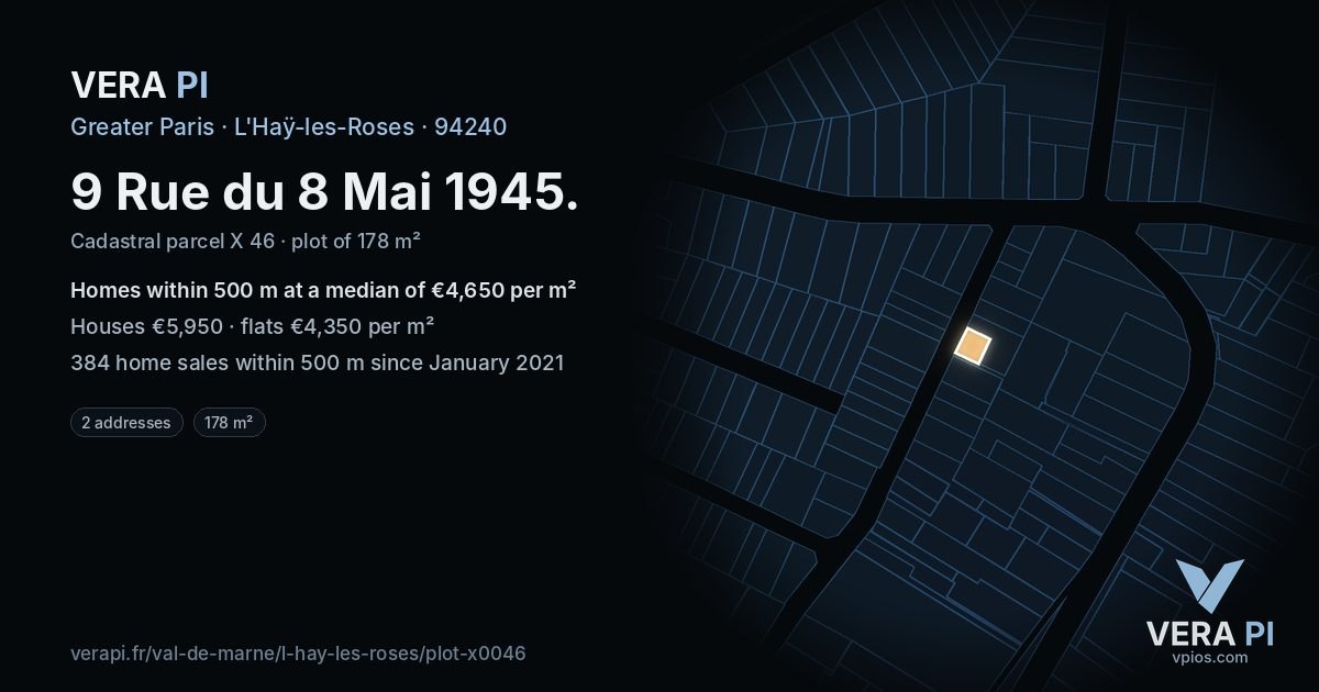 9 Rue du 8 Mai 1945, L'Haÿ-les-Roses at night – the plot lit, the parcels around coloured by the prices near them