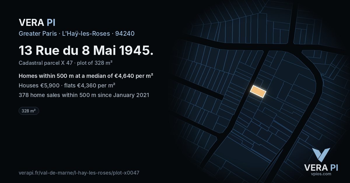 13 Rue du 8 Mai 1945, L'Haÿ-les-Roses at night – the plot lit, the parcels around coloured by the prices near them