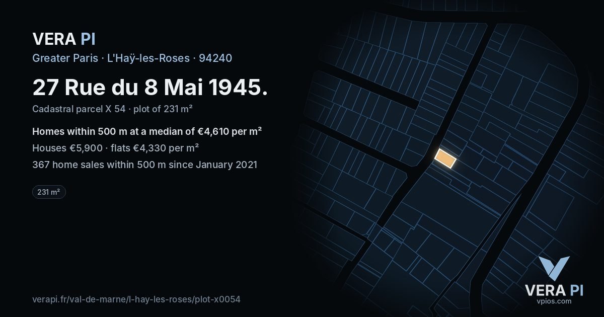 27 Rue du 8 Mai 1945, L'Haÿ-les-Roses at night – the plot lit, the parcels around coloured by the prices near them