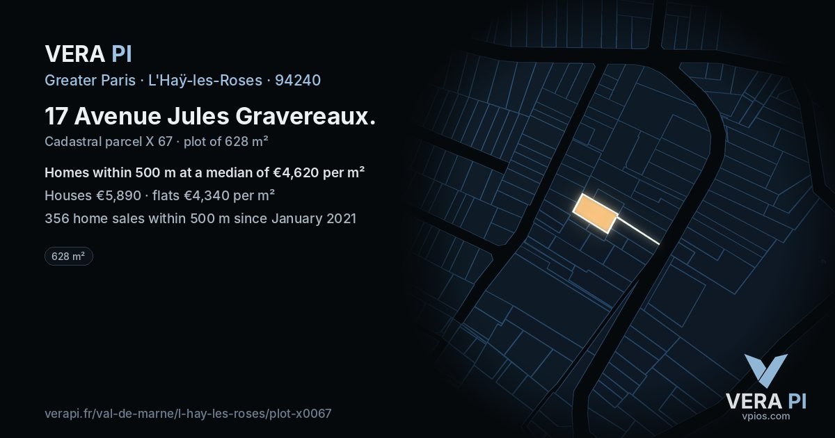 17 Avenue Jules Gravereaux, L'Haÿ-les-Roses at night – the plot lit, the parcels around coloured by the prices near them