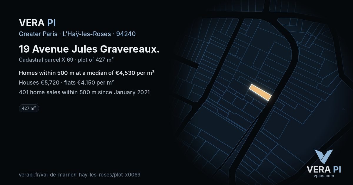 19 Avenue Jules Gravereaux, L'Haÿ-les-Roses at night – the plot lit, the parcels around coloured by the prices near them