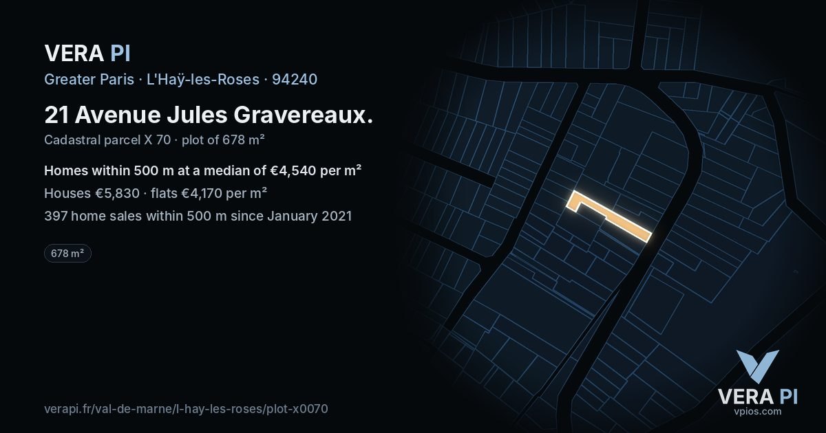 21 Avenue Jules Gravereaux, L'Haÿ-les-Roses at night – the plot lit, the parcels around coloured by the prices near them