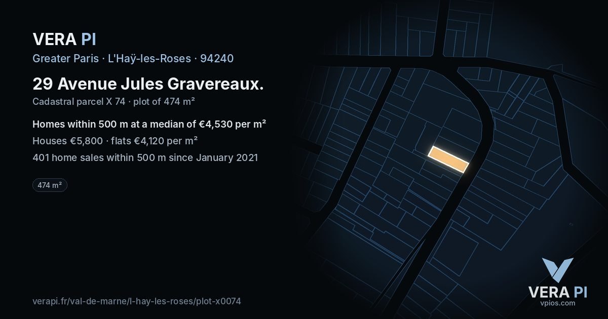 29 Avenue Jules Gravereaux, L'Haÿ-les-Roses at night – the plot lit, the parcels around coloured by the prices near them