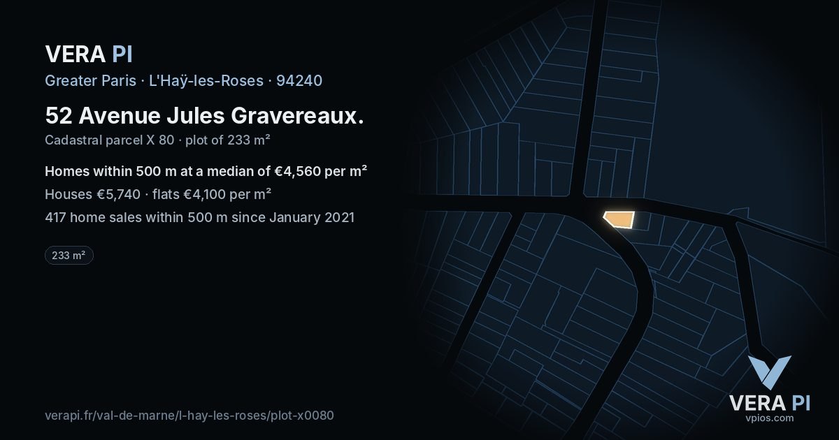 52 Avenue Jules Gravereaux, L'Haÿ-les-Roses at night – the plot lit, the parcels around coloured by the prices near them