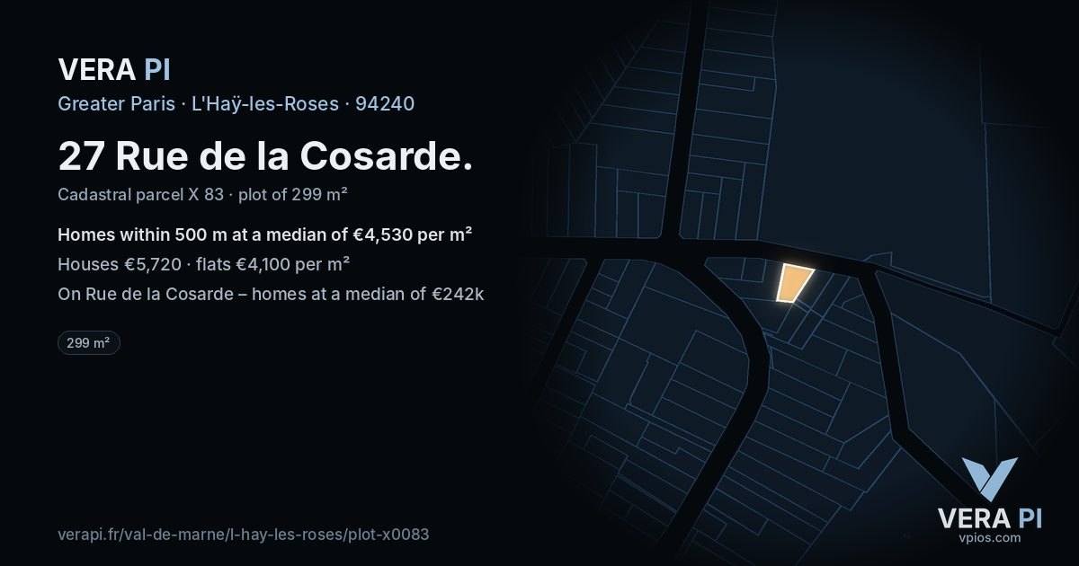 27 Rue de la Cosarde, L'Haÿ-les-Roses at night – the plot lit, the parcels around coloured by the prices near them