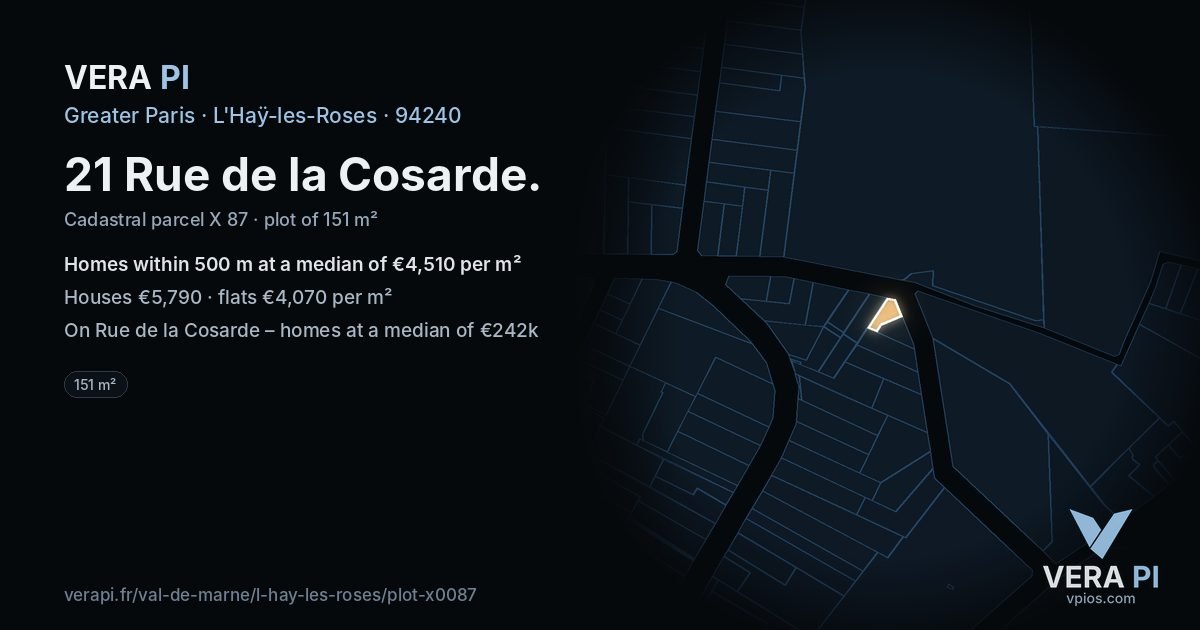 21 Rue de la Cosarde, L'Haÿ-les-Roses at night – the plot lit, the parcels around coloured by the prices near them