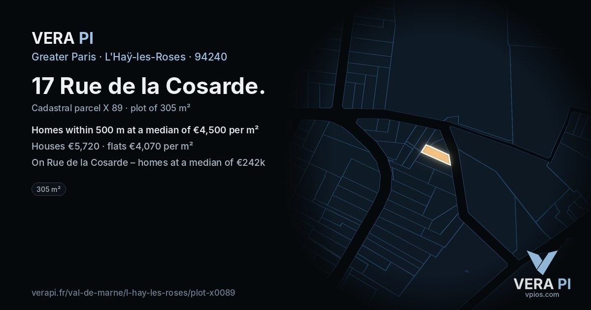 17 Rue de la Cosarde, L'Haÿ-les-Roses at night – the plot lit, the parcels around coloured by the prices near them