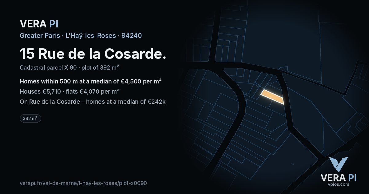 15 Rue de la Cosarde, L'Haÿ-les-Roses at night – the plot lit, the parcels around coloured by the prices near them