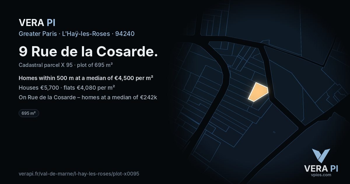 9 Rue de la Cosarde, L'Haÿ-les-Roses at night – the plot lit, the parcels around coloured by the prices near them