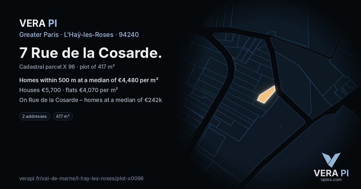 7 Rue de la Cosarde, L'Haÿ-les-Roses at night – the plot lit, the parcels around coloured by the prices near them