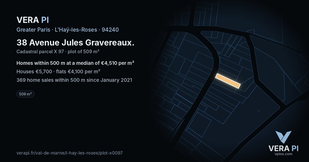 38 Avenue Jules Gravereaux, L'Haÿ-les-Roses at night – the plot lit, the parcels around coloured by the prices near them