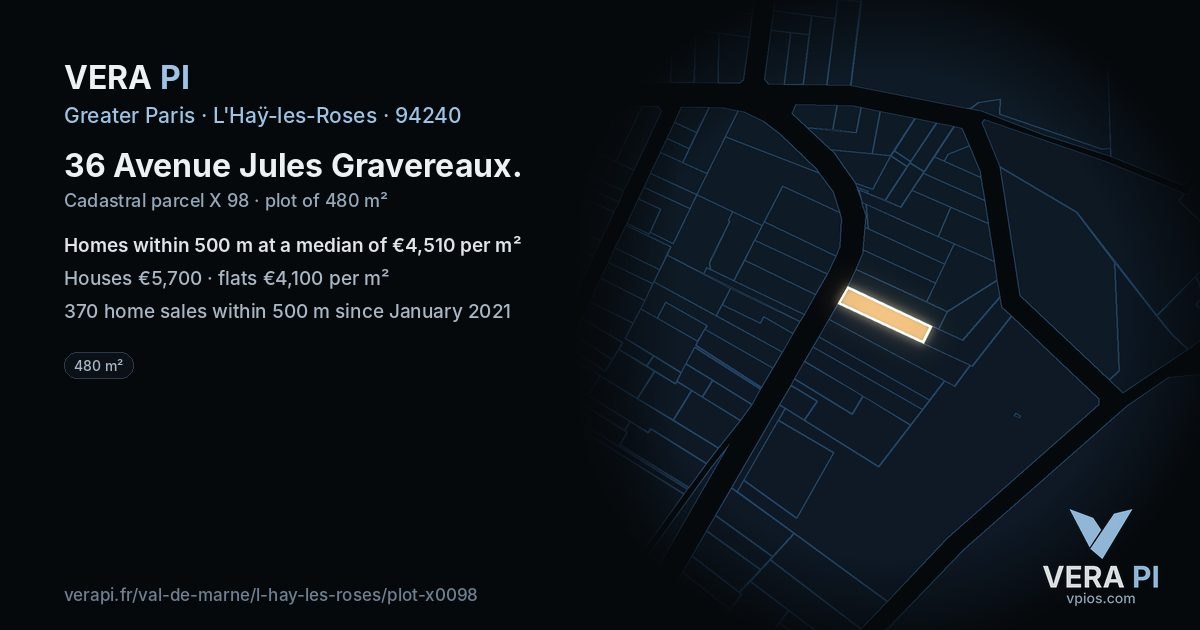 36 Avenue Jules Gravereaux, L'Haÿ-les-Roses at night – the plot lit, the parcels around coloured by the prices near them