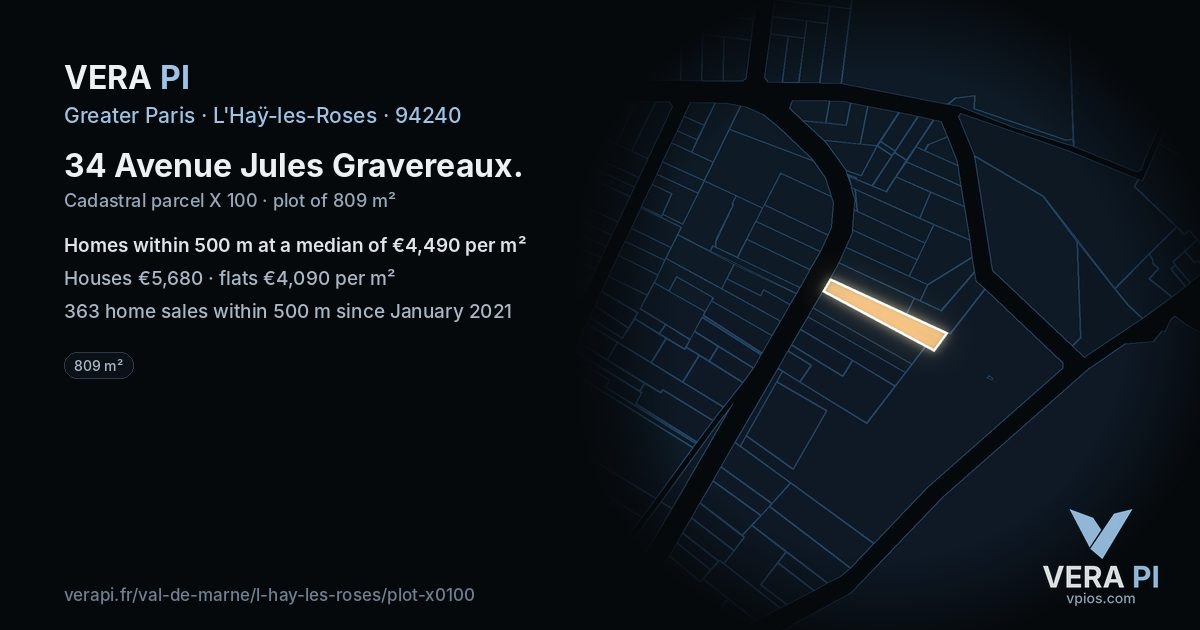 34 Avenue Jules Gravereaux, L'Haÿ-les-Roses at night – the plot lit, the parcels around coloured by the prices near them