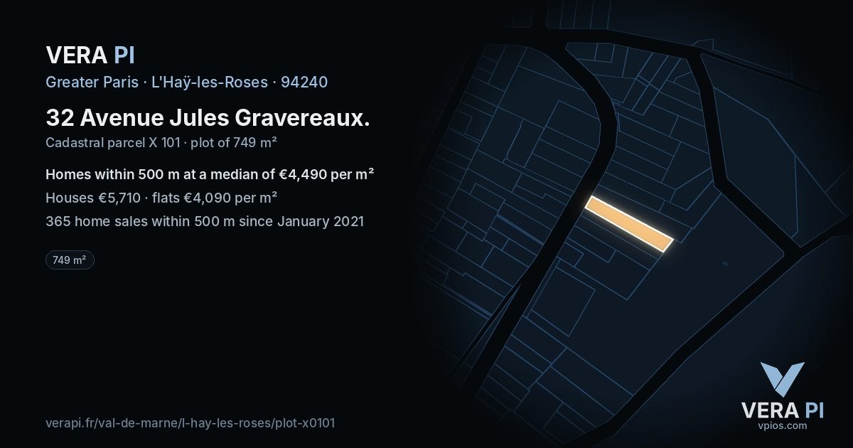 32 Avenue Jules Gravereaux, L'Haÿ-les-Roses at night – the plot lit, the parcels around coloured by the prices near them