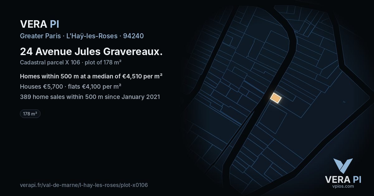 24 Avenue Jules Gravereaux, L'Haÿ-les-Roses at night – the plot lit, the parcels around coloured by the prices near them