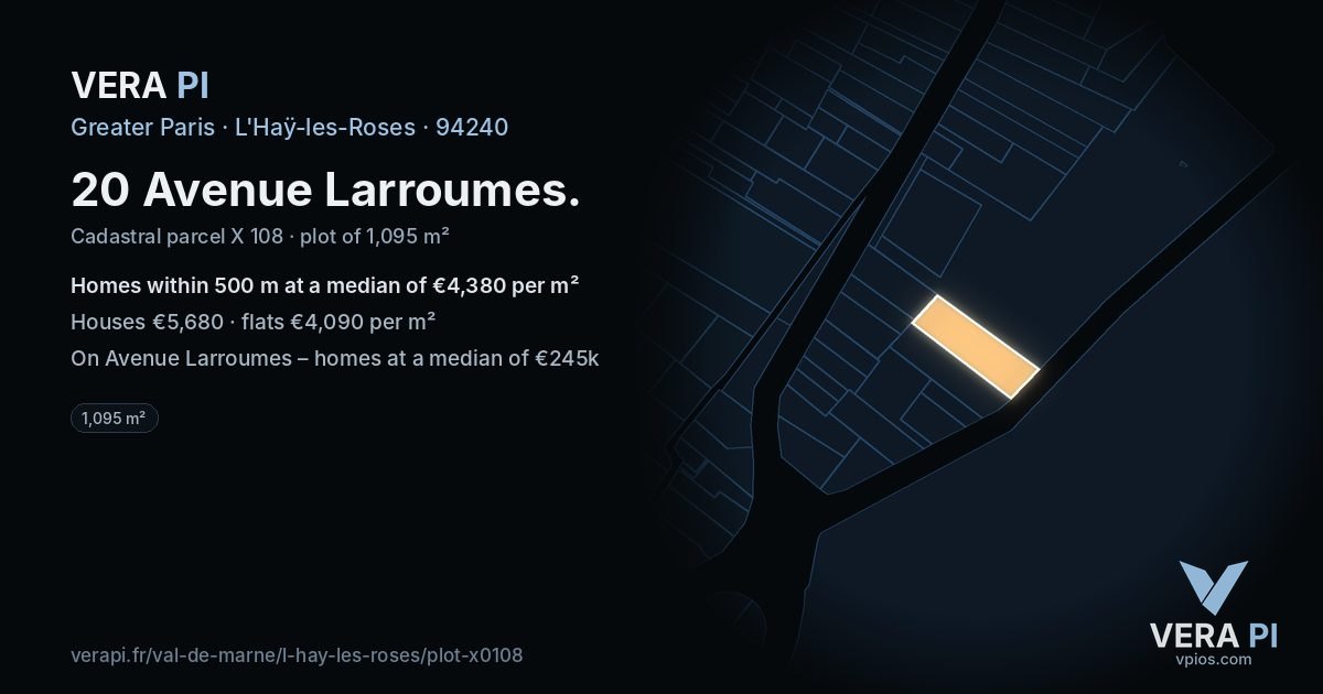 20 Avenue Larroumes, L'Haÿ-les-Roses at night – the plot lit, the parcels around coloured by the prices near them