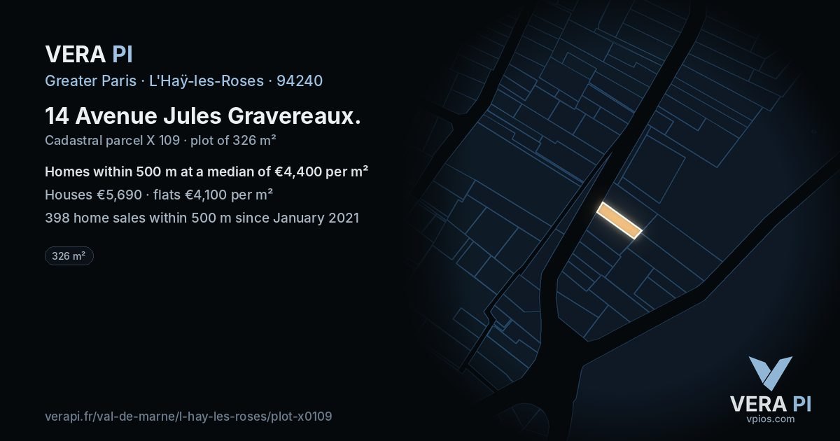 14 Avenue Jules Gravereaux, L'Haÿ-les-Roses at night – the plot lit, the parcels around coloured by the prices near them