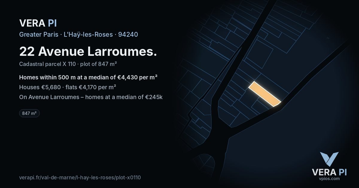 22 Avenue Larroumes, L'Haÿ-les-Roses at night – the plot lit, the parcels around coloured by the prices near them