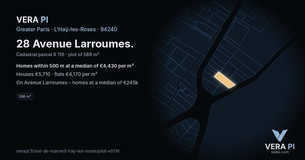 28 Avenue Larroumes, L'Haÿ-les-Roses at night – the plot lit, the parcels around coloured by the prices near them