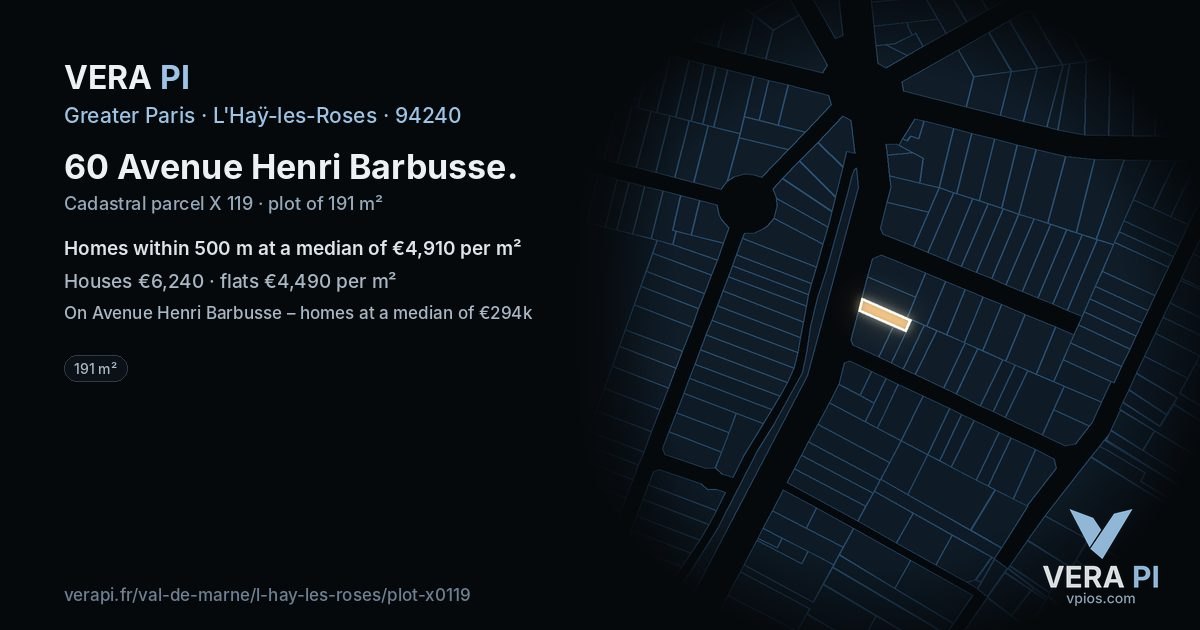 60 Avenue Henri Barbusse, L'Haÿ-les-Roses at night – the plot lit, the parcels around coloured by the prices near them
