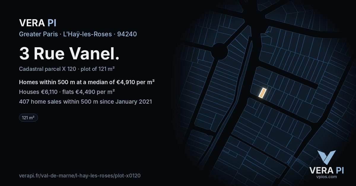3 Rue Vanel, L'Haÿ-les-Roses at night – the plot lit, the parcels around coloured by the prices near them