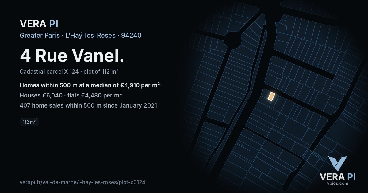 4 Rue Vanel, L'Haÿ-les-Roses at night – the plot lit, the parcels around coloured by the prices near them