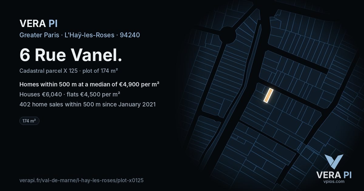 6 Rue Vanel, L'Haÿ-les-Roses at night – the plot lit, the parcels around coloured by the prices near them
