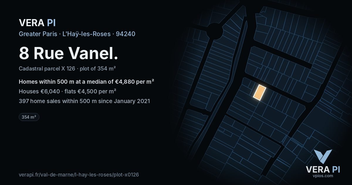 8 Rue Vanel, L'Haÿ-les-Roses at night – the plot lit, the parcels around coloured by the prices near them