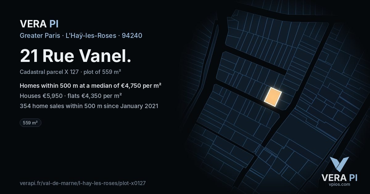 21 Rue Vanel, L'Haÿ-les-Roses at night – the plot lit, the parcels around coloured by the prices near them