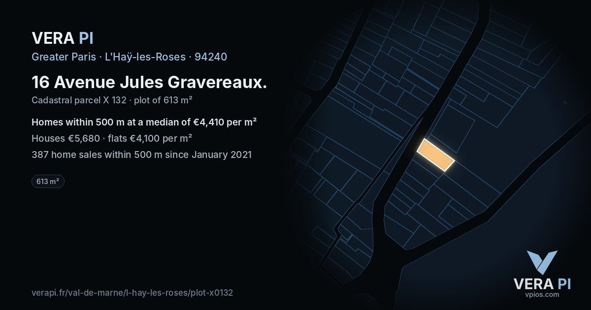 16 Avenue Jules Gravereaux, L'Haÿ-les-Roses at night – the plot lit, the parcels around coloured by the prices near them
