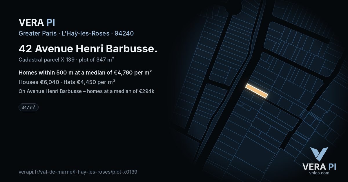 42 Avenue Henri Barbusse, L'Haÿ-les-Roses at night – the plot lit, the parcels around coloured by the prices near them