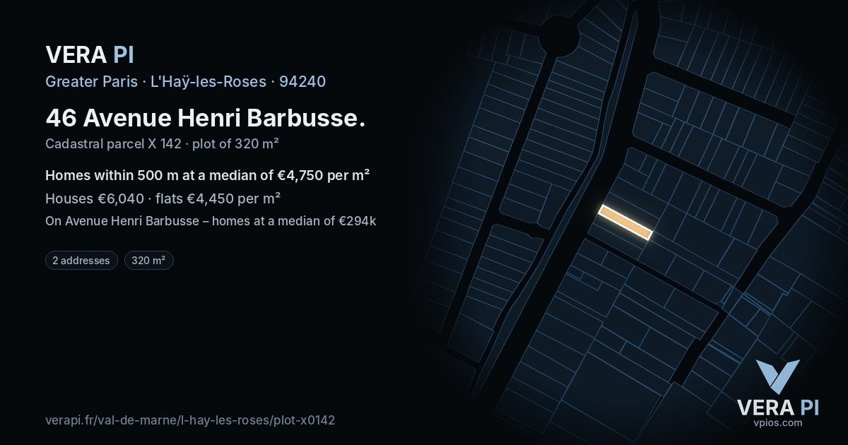 46 Avenue Henri Barbusse, L'Haÿ-les-Roses at night – the plot lit, the parcels around coloured by the prices near them