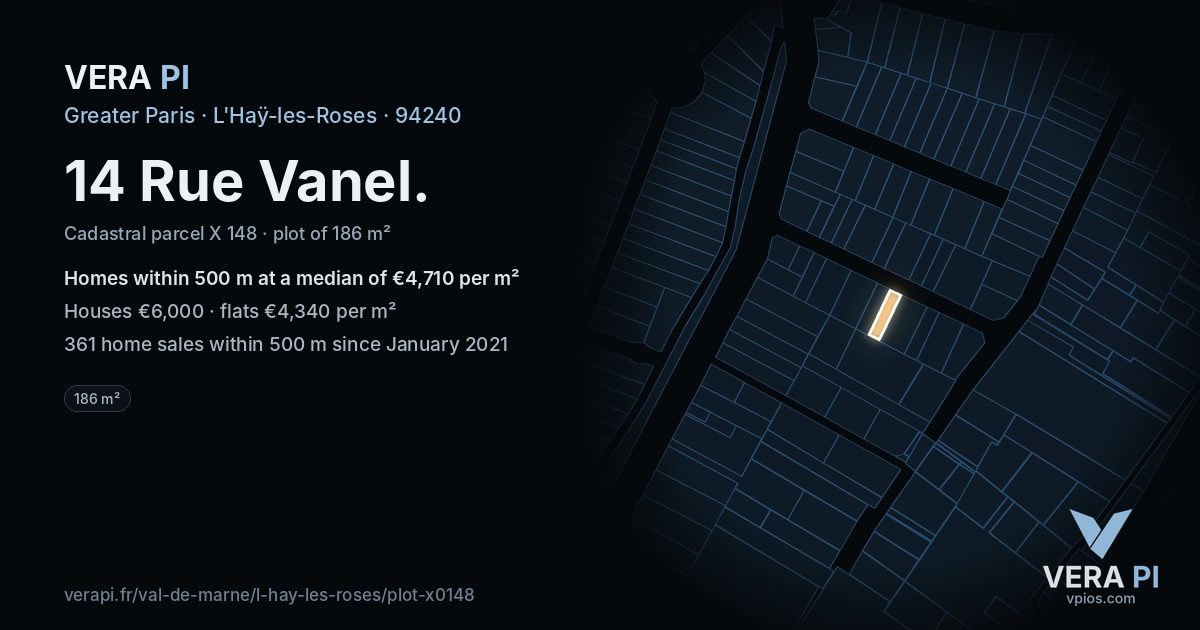 14 Rue Vanel, L'Haÿ-les-Roses at night – the plot lit, the parcels around coloured by the prices near them