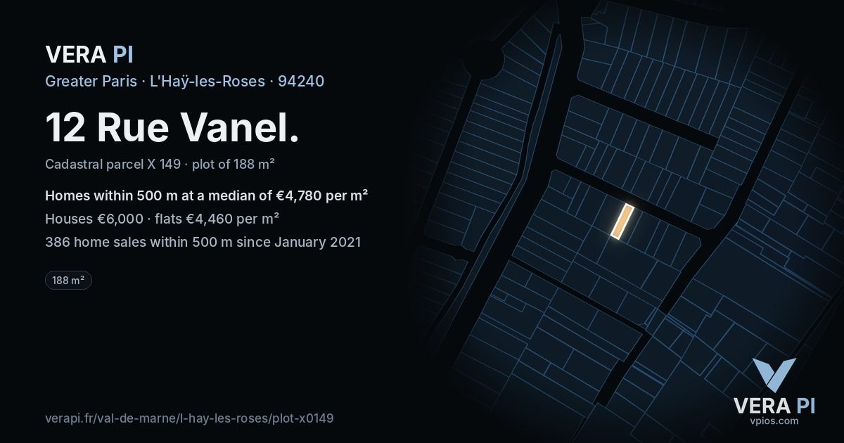 12 Rue Vanel, L'Haÿ-les-Roses at night – the plot lit, the parcels around coloured by the prices near them