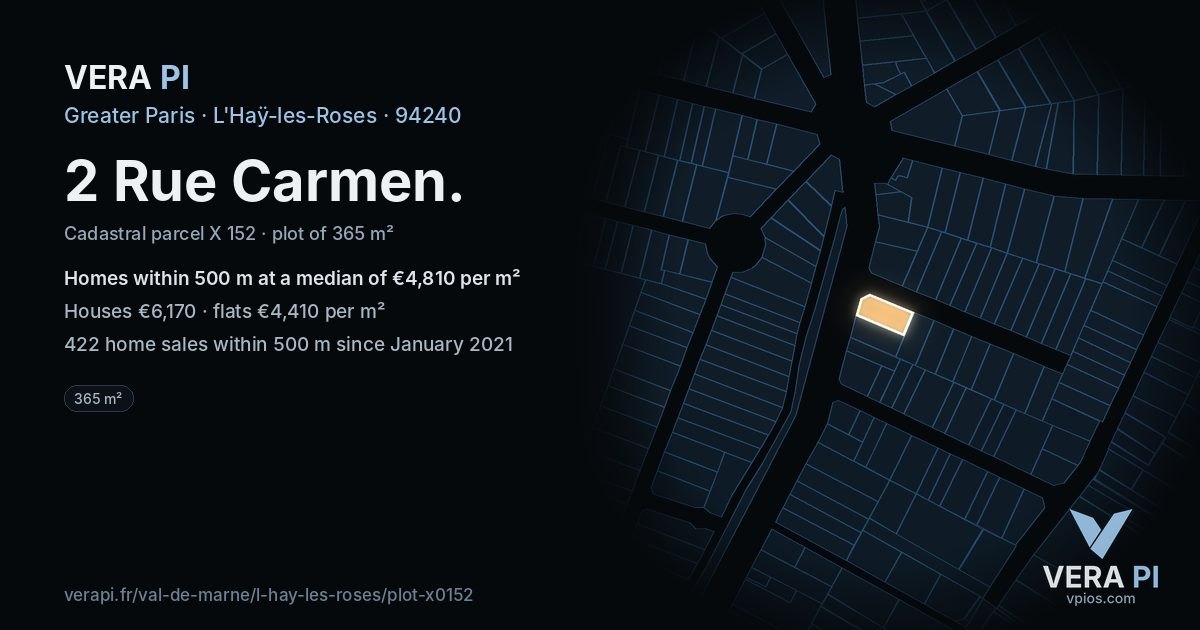 2 Rue Carmen, L'Haÿ-les-Roses at night – the plot lit, the parcels around coloured by the prices near them
