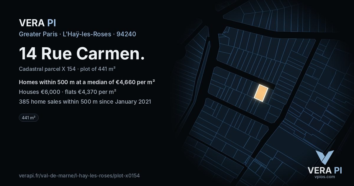 14 Rue Carmen, L'Haÿ-les-Roses at night – the plot lit, the parcels around coloured by the prices near them