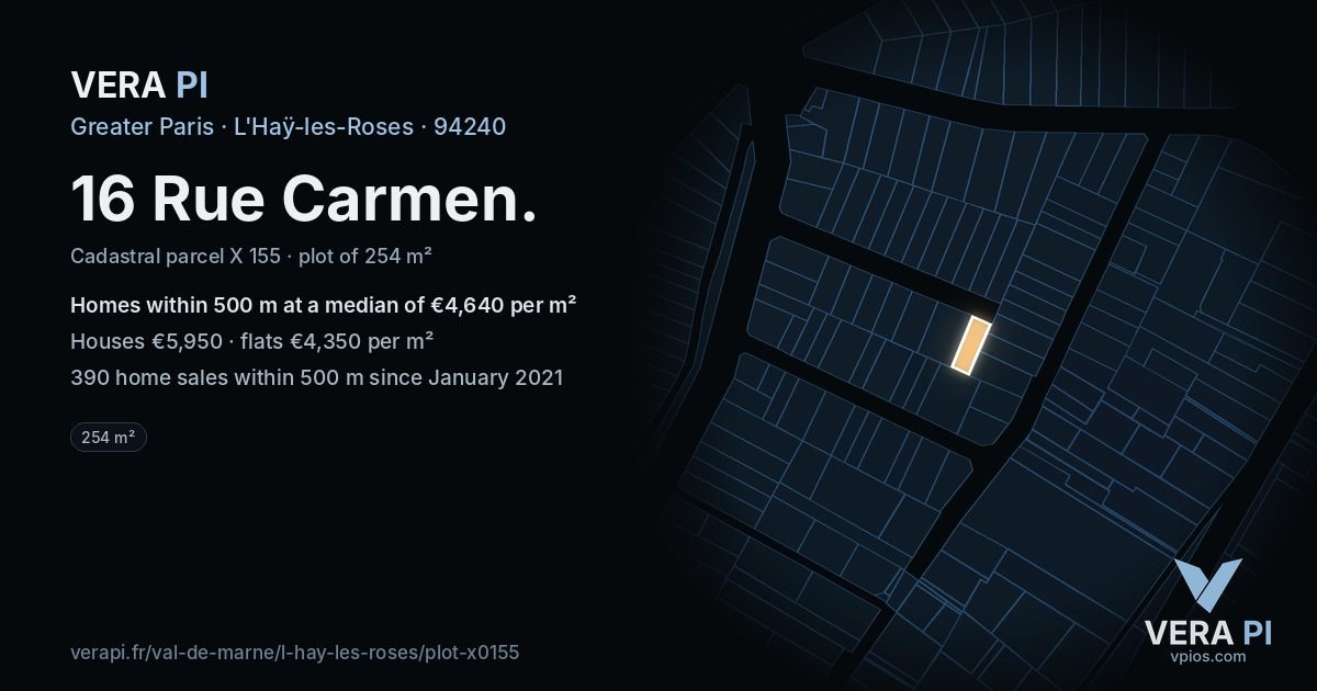 16 Rue Carmen, L'Haÿ-les-Roses at night – the plot lit, the parcels around coloured by the prices near them