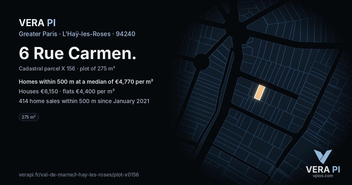 6 Rue Carmen, L'Haÿ-les-Roses at night – the plot lit, the parcels around coloured by the prices near them