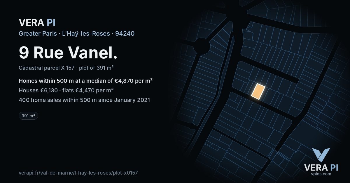 9 Rue Vanel, L'Haÿ-les-Roses at night – the plot lit, the parcels around coloured by the prices near them