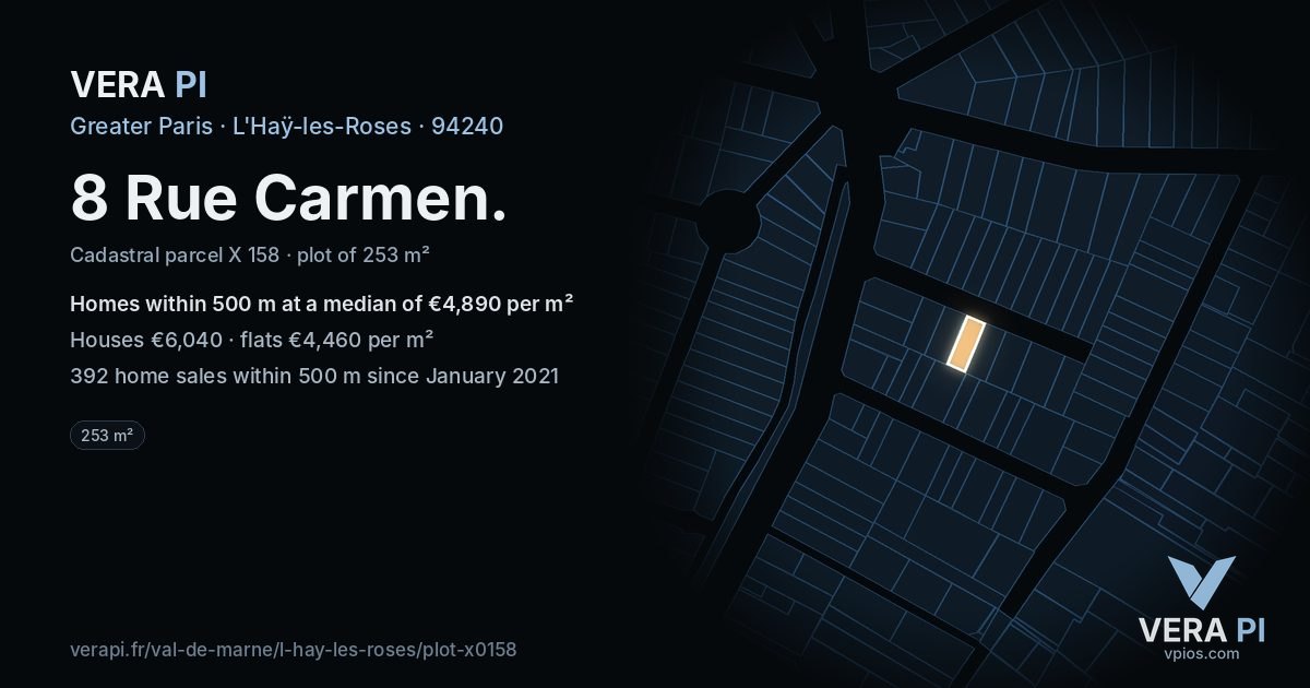 8 Rue Carmen, L'Haÿ-les-Roses at night – the plot lit, the parcels around coloured by the prices near them