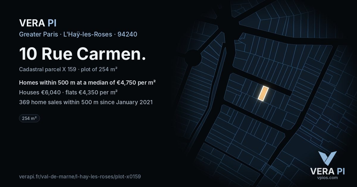 10 Rue Carmen, L'Haÿ-les-Roses at night – the plot lit, the parcels around coloured by the prices near them